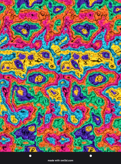 Colourful marbled stereogram hiding a 3D picture; answer: hot-air balloons over the hills