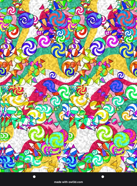 Colourful candy-pattern stereogram hiding a 3D message; answer: two hands making a heart