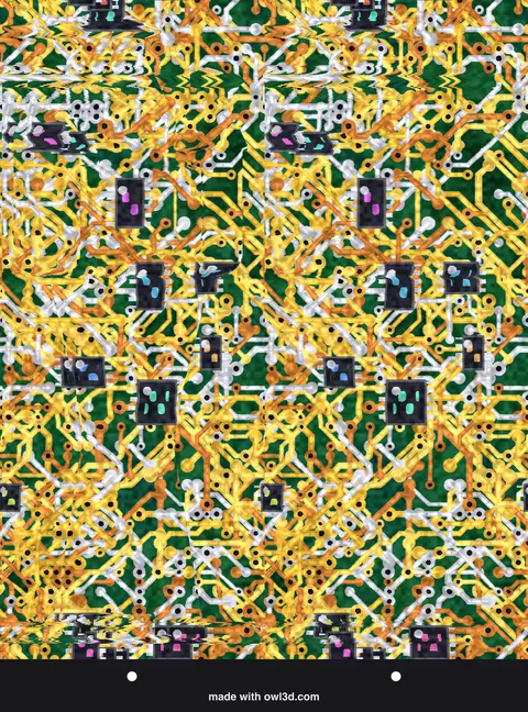 Colourful circuit-board stereogram hiding a 3D picture; answer: a castle