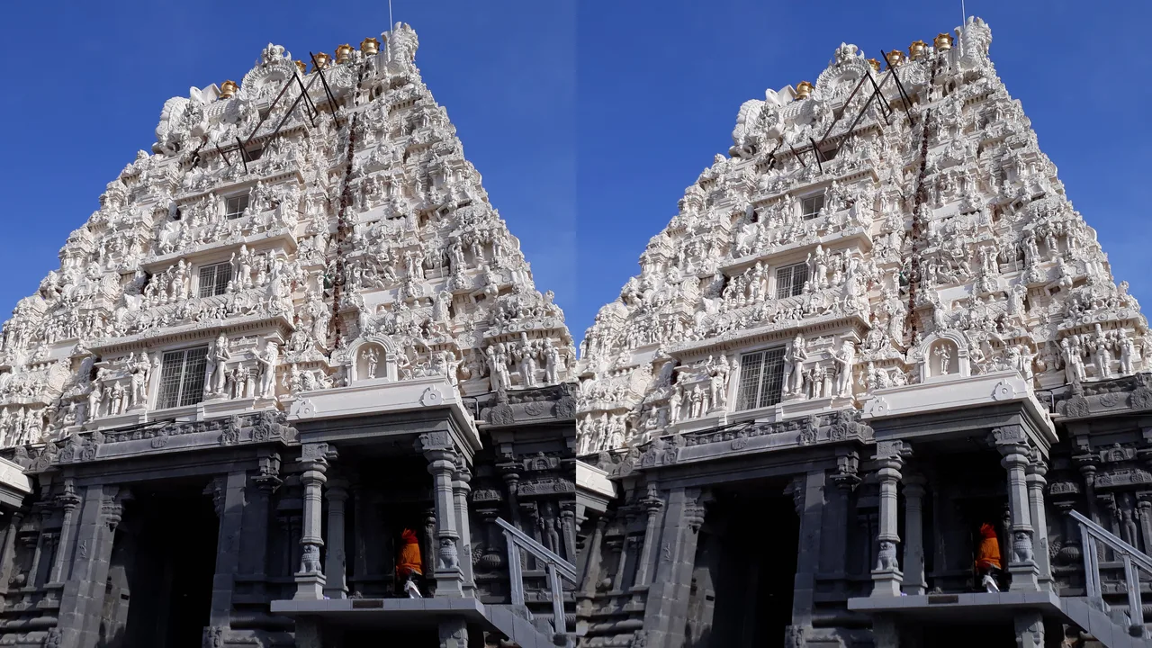 A stereo photo of a carved temple tower: the left-eye and right-eye pictures side by side.